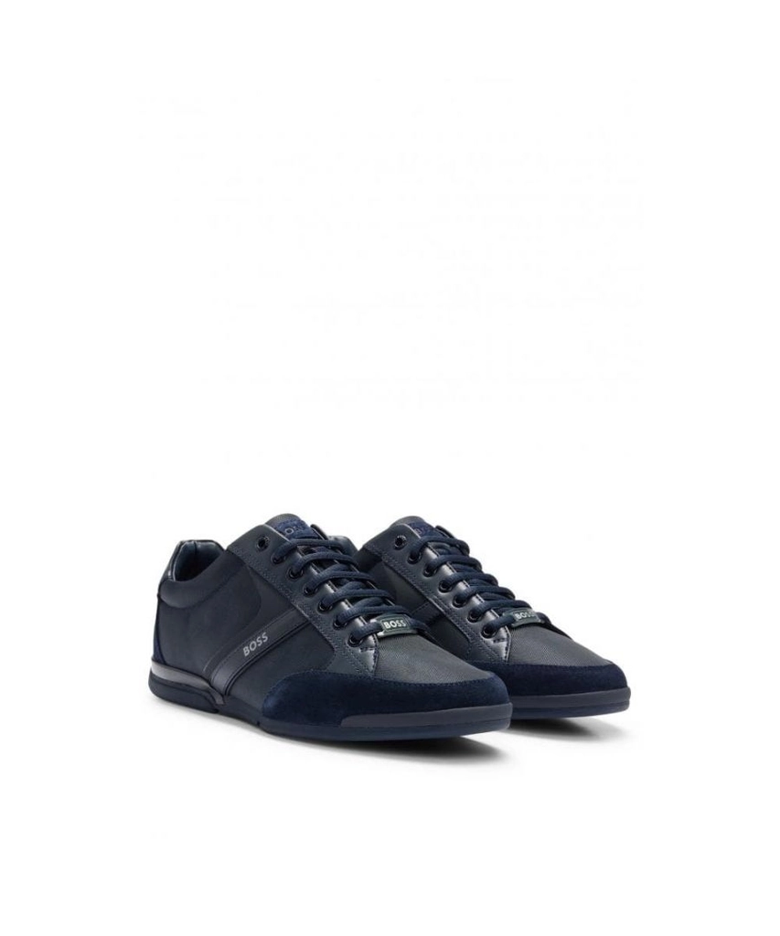 Hugo Boss Saturn Mens Low Profile Mixed Material Trainers With Suede and Faux Leather - Dark Blue - Size UK 12
